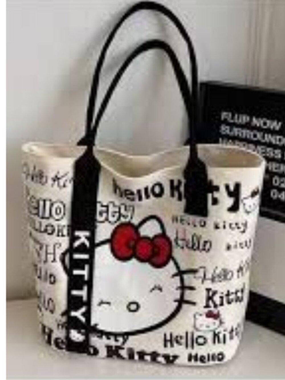 Hello Kitty Canvas Tote Large Lined Black Handles Fashion Shoulder Bag - Picture 3 of 3